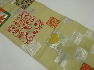 アンティーク　色紙に笹・橘模様織り出し名古屋帯（着用可）